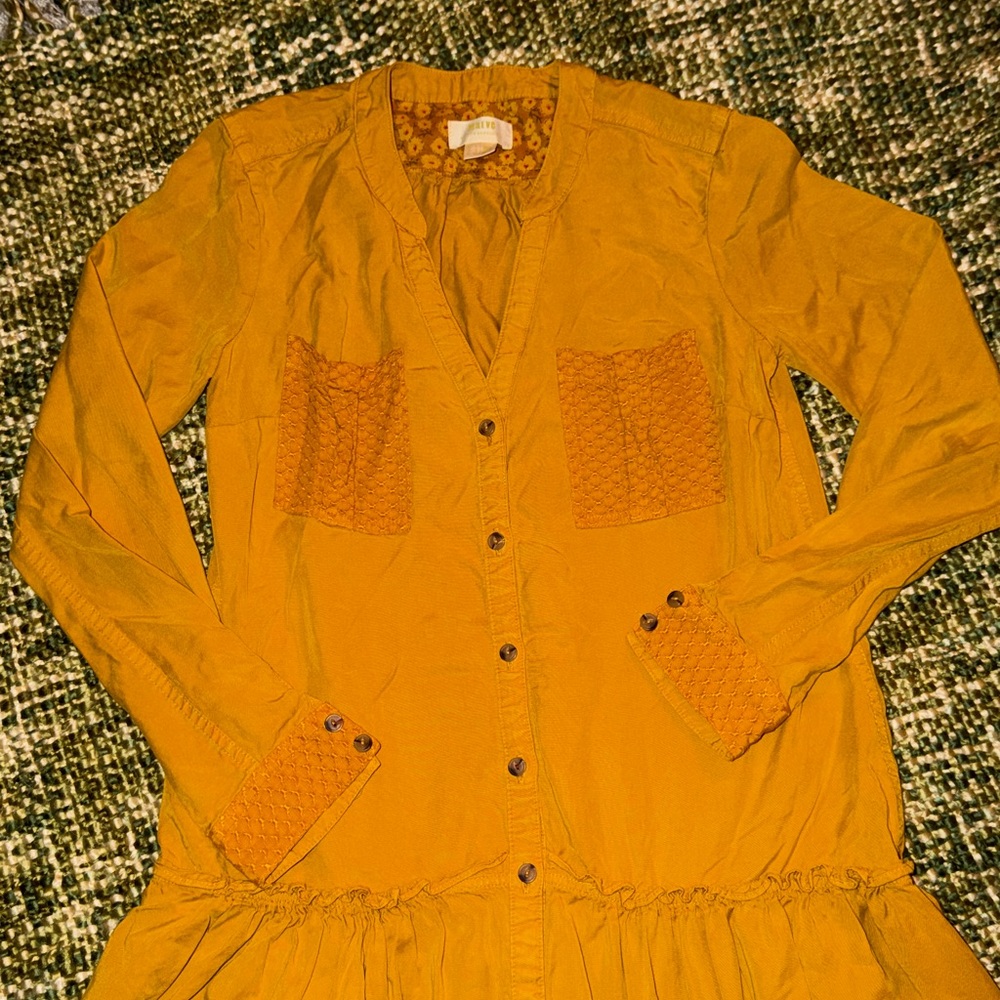 Anthropologie Maeve Marlie Long Sleeve Button Front Tunic Dress Sz 2 Mustard - Picture 7 of 8